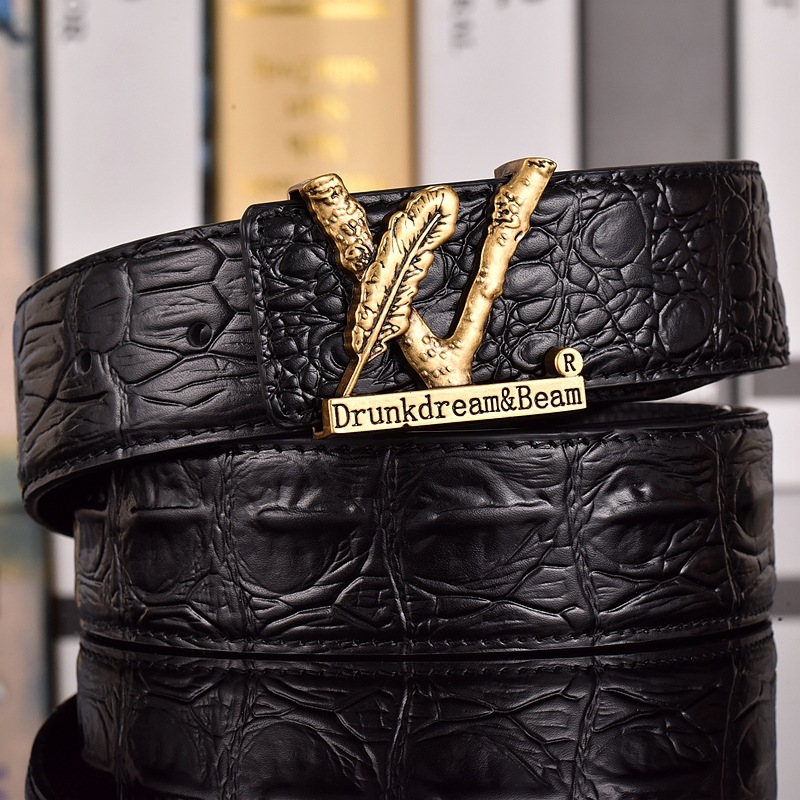 Luxury Crocodile Pattern For Men Genuine Leather Inner Trendy Cowhide S Smooth Buckle Trouser Belt Tiktok Internet Celebrity