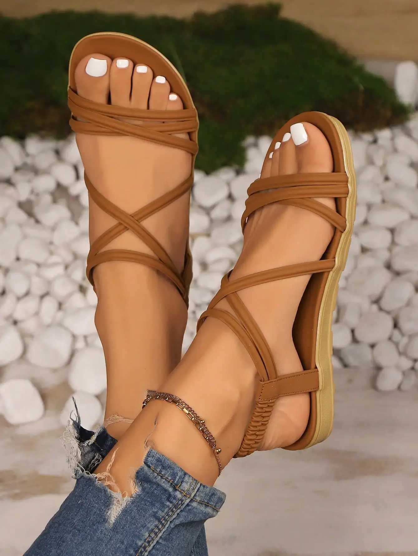 Strappy Cross Women Flat Criss Sandals Open Toe Gladiator Shoes Ankle Wrap Lightweight Non Slip Summer Footwear Multi Color Casual Sandals H2607031 - view 7