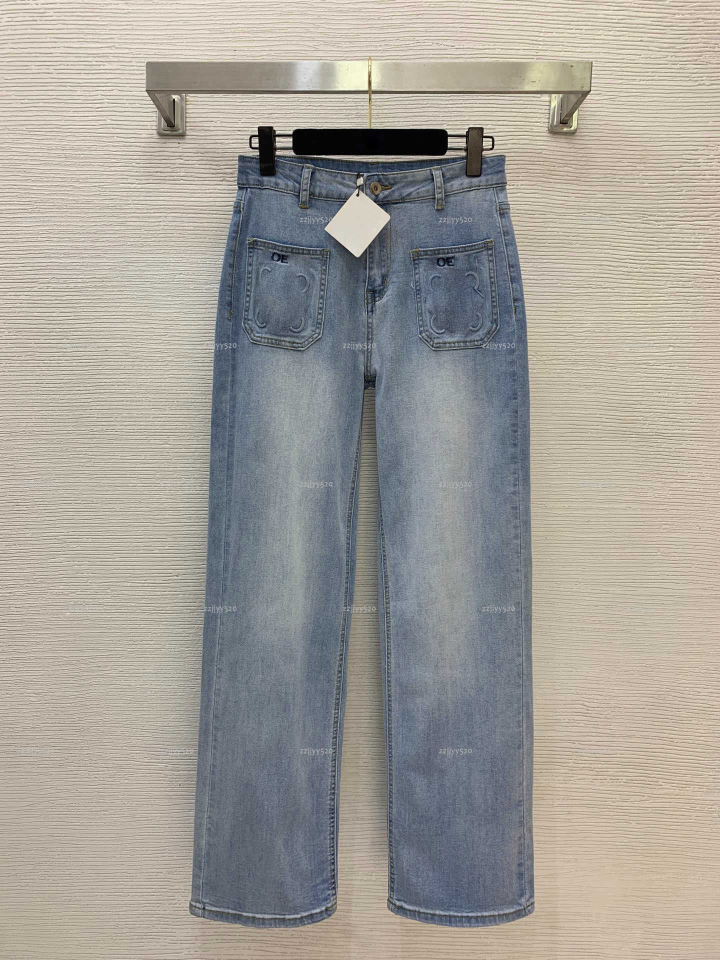 Brand women designer clothes autumn new arrival lady mid high waisted alphabet logo button embroidery pattern straight leg jeans trousers A208X05N248
