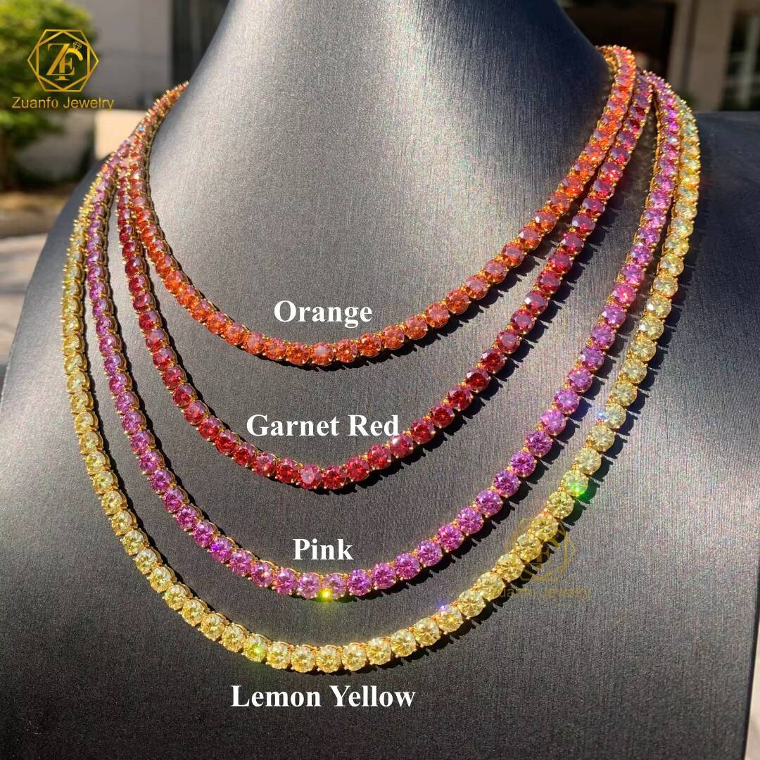 Ice Out 925 Sterling Silver 5mm Moissanite Tennis Chain Necklace in Red Blue Pink Yellow Colors Pass diamond Tester - view 5