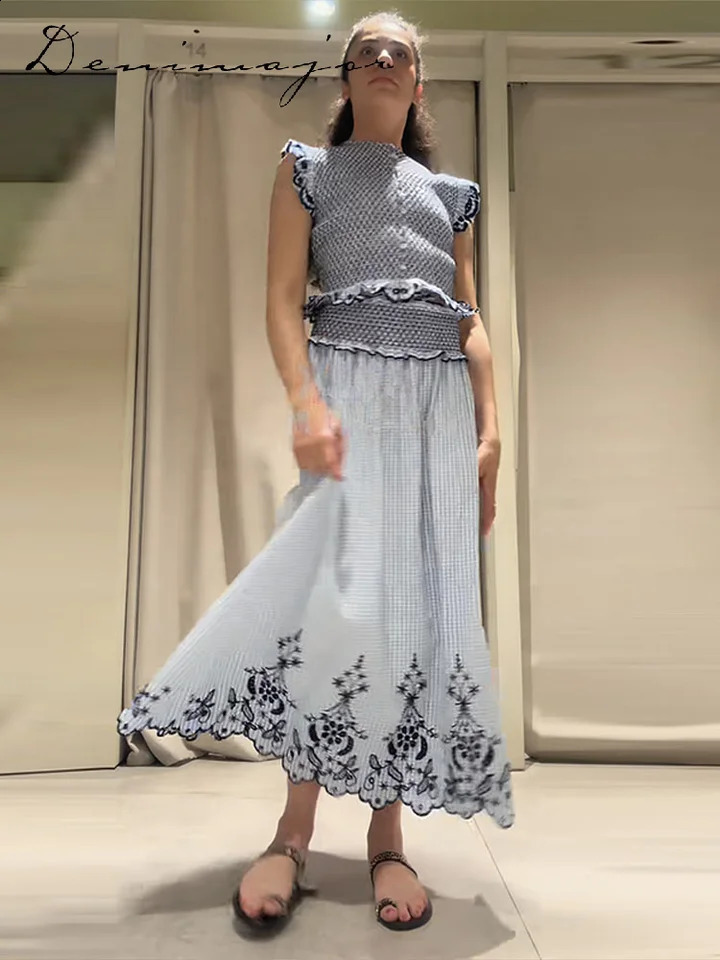 Elegant Lace Trim Top Embroidered Skirt Set Womens Sleeveless O-neck Tops Pleated Long Skirts Summer Lady Casual Wear 260702 - view 5