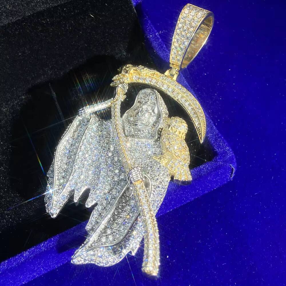 Hiphop 925 Silver Black VVS Moissanite Cz Diamonds Two Tone Plated Santa Muerte Grim Reaper Death Pendant in Mexico - view 5