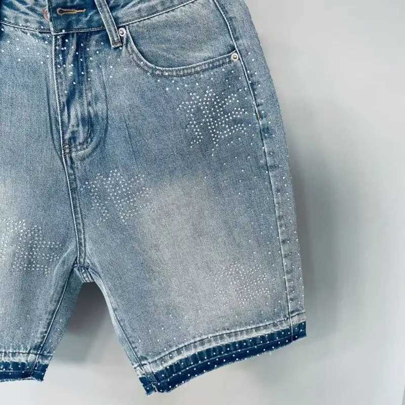 Lettering Studded MIXED Denim EMOTION Shorts Jeans for Mens Womens Hip Hop Vintage Blue Baggy Shorts Over The Knee Pants M260703 - view 7