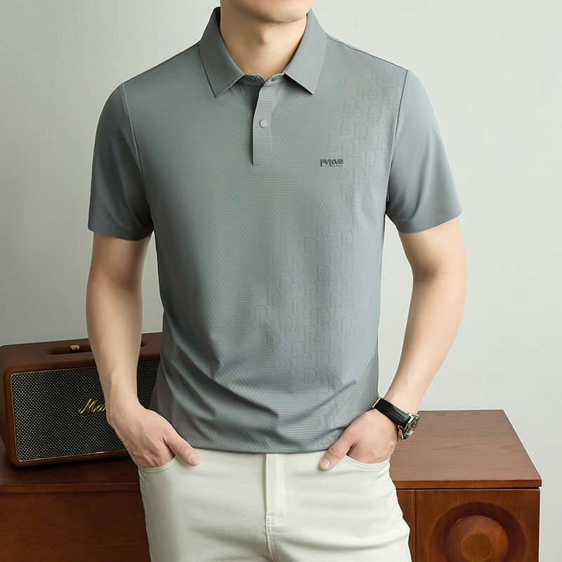 Bonded Mesh Fabric Partial Subtle Monogram Shadow Print Minimal Tiny Text Chest Mark Designer Polo Shirt Men Summer Elegant Business Lapel Short Sleev - view 5