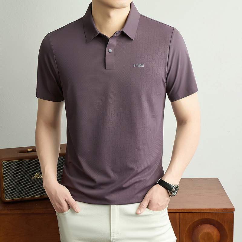 Bonded Mesh Fabric Partial Subtle Monogram Shadow Print Minimal Tiny Text Chest Mark Designer Polo Shirt Men Summer Elegant Business Lapel Short Sleev - view 6