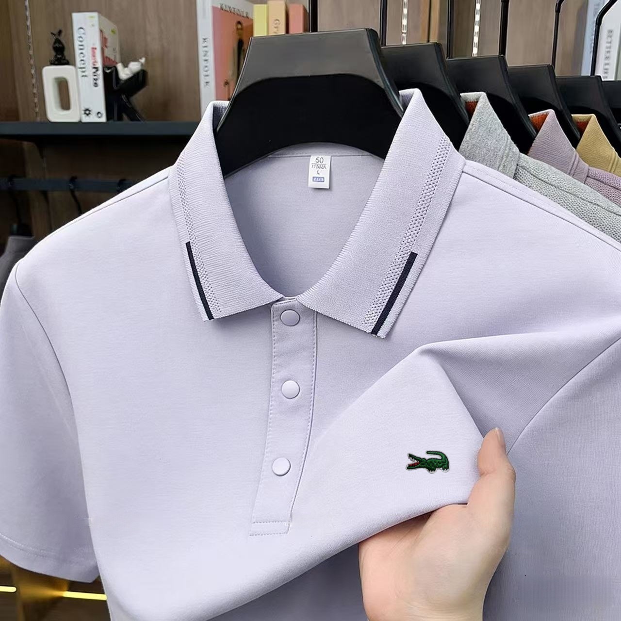 Elegant Contrast Collar Trim Soft Cotton Mini Chest Embroidery Designer Polo Shirt Guys 2026 Summer Loose Thin Fit Breathable Business Casual Short Sl - view 4