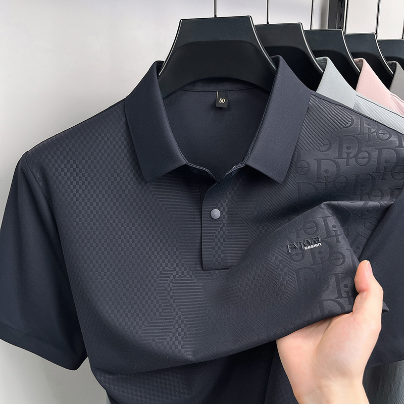Bonded Mesh Fabric Partial Subtle Monogram Shadow Print Minimal Tiny Text Chest Mark Designer Polo Shirt Men Summer Elegant Business Lapel Short Sleev - view 4