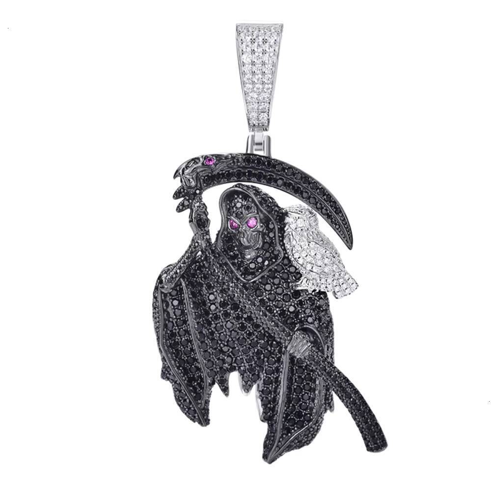 Hiphop 925 Silver Black VVS Moissanite Cz Diamonds Two Tone Plated Santa Muerte Grim Reaper Death Pendant in Mexico - view 3