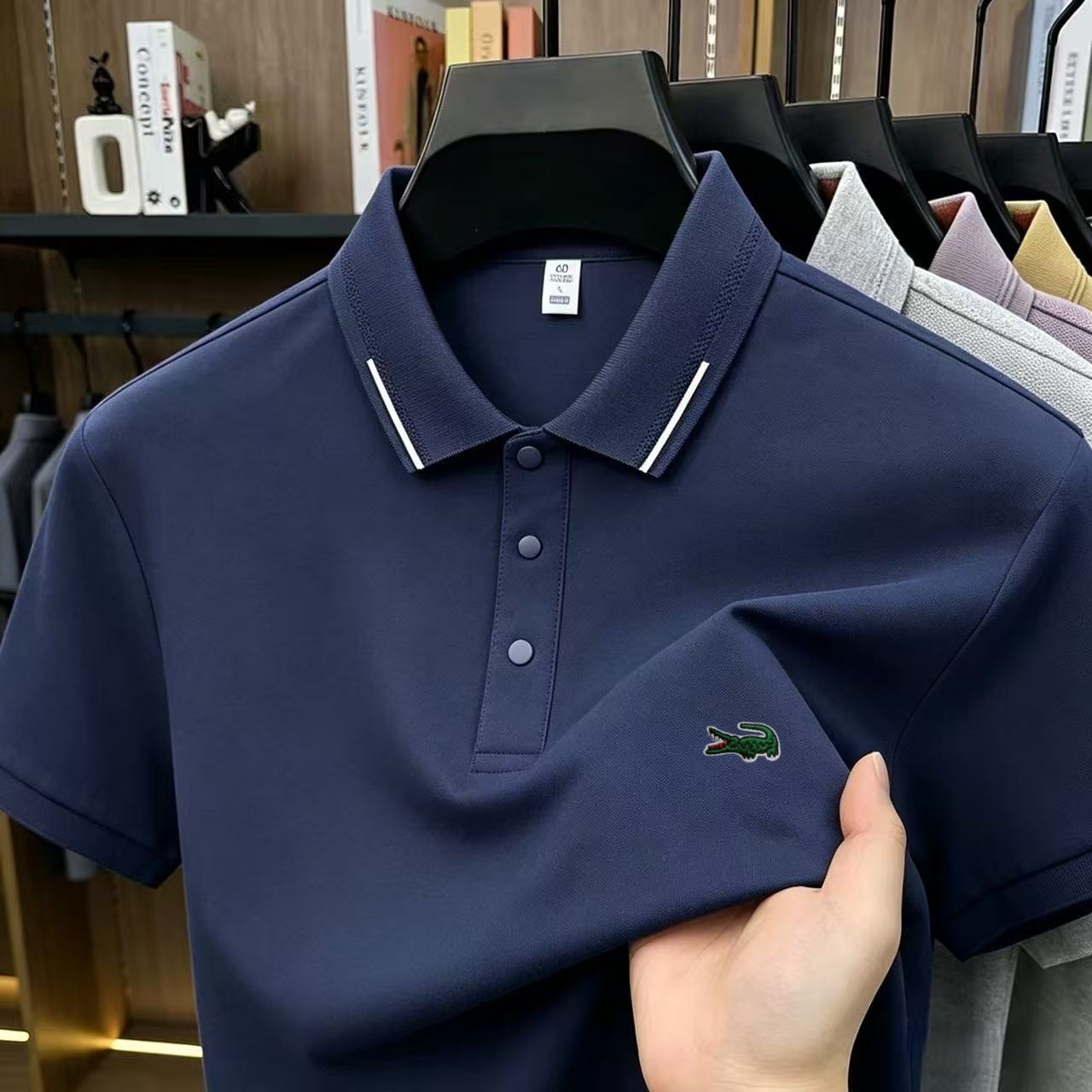Elegant Contrast Collar Trim Soft Cotton Mini Chest Embroidery Designer Polo Shirt Guys 2026 Summer Loose Thin Fit Breathable Business Casual Short Sl - view 6