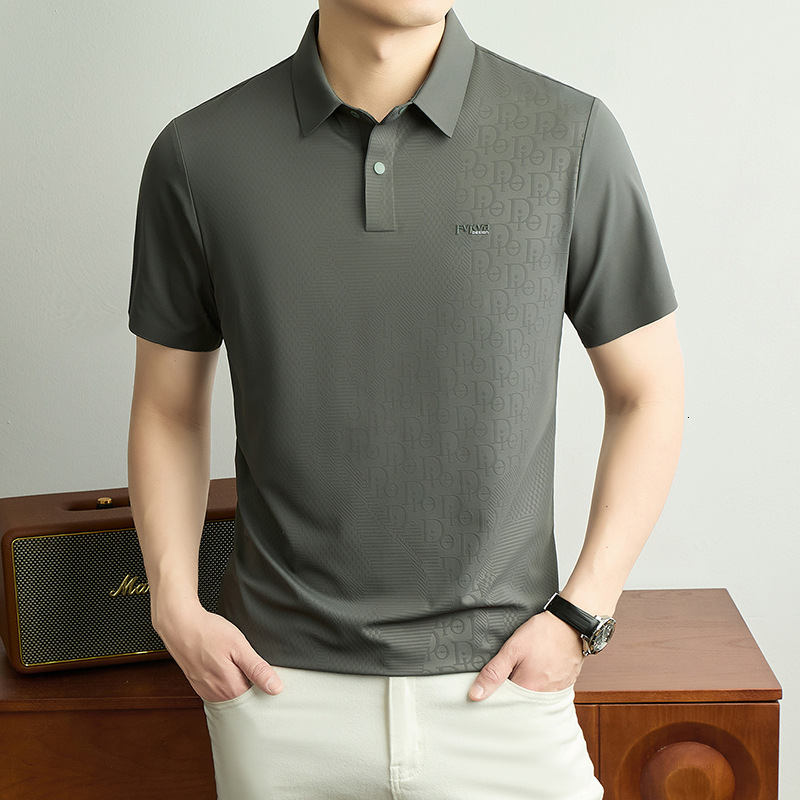 Bonded Mesh Fabric Partial Subtle Monogram Shadow Print Minimal Tiny Text Chest Mark Designer Polo Shirt Men Summer Elegant Business Lapel Short Sleev - view 7