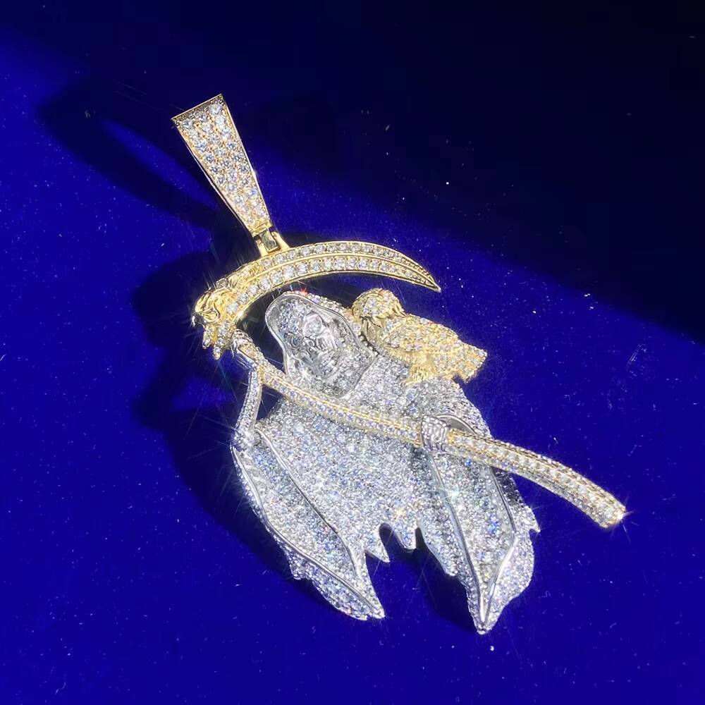 Hiphop 925 Silver Black VVS Moissanite Cz Diamonds Two Tone Plated Santa Muerte Grim Reaper Death Pendant in Mexico - view 6