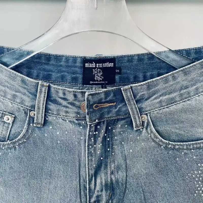 Lettering Studded MIXED Denim EMOTION Shorts Jeans for Mens Womens Hip Hop Vintage Blue Baggy Shorts Over The Knee Pants M260703 - view 4