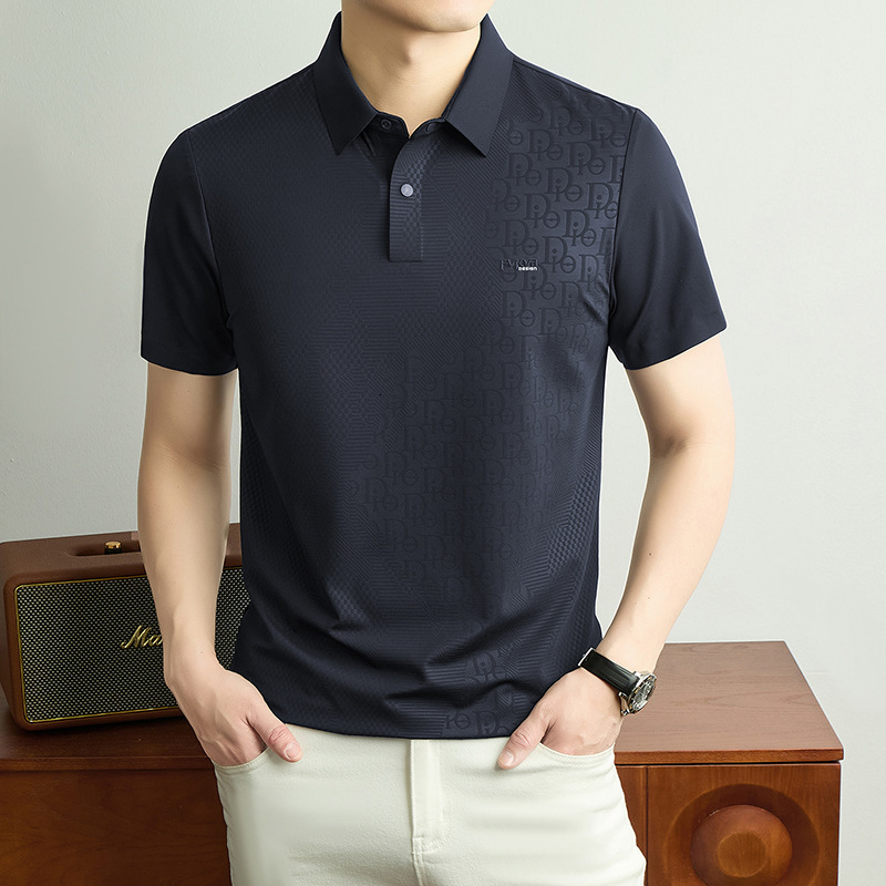 Bonded Mesh Fabric Partial Subtle Monogram Shadow Print Minimal Tiny Text Chest Mark Designer Polo Shirt Men Summer Elegant Business Lapel Short Sleev - view 8