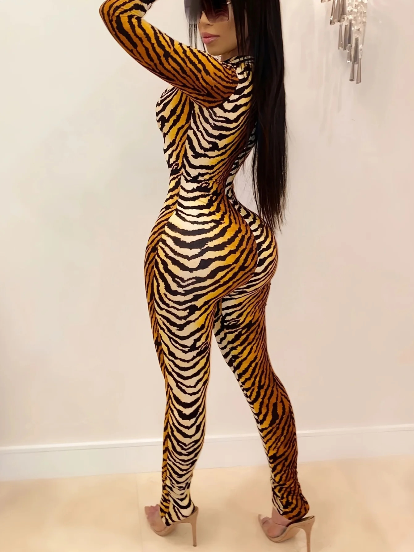 Tiger Pattern Print Jumpsuits Sexy Bodycon Long Sleeve Vneck Skinny Rompers Pants Club Outfit Overalls 260630BANJIA - view 3