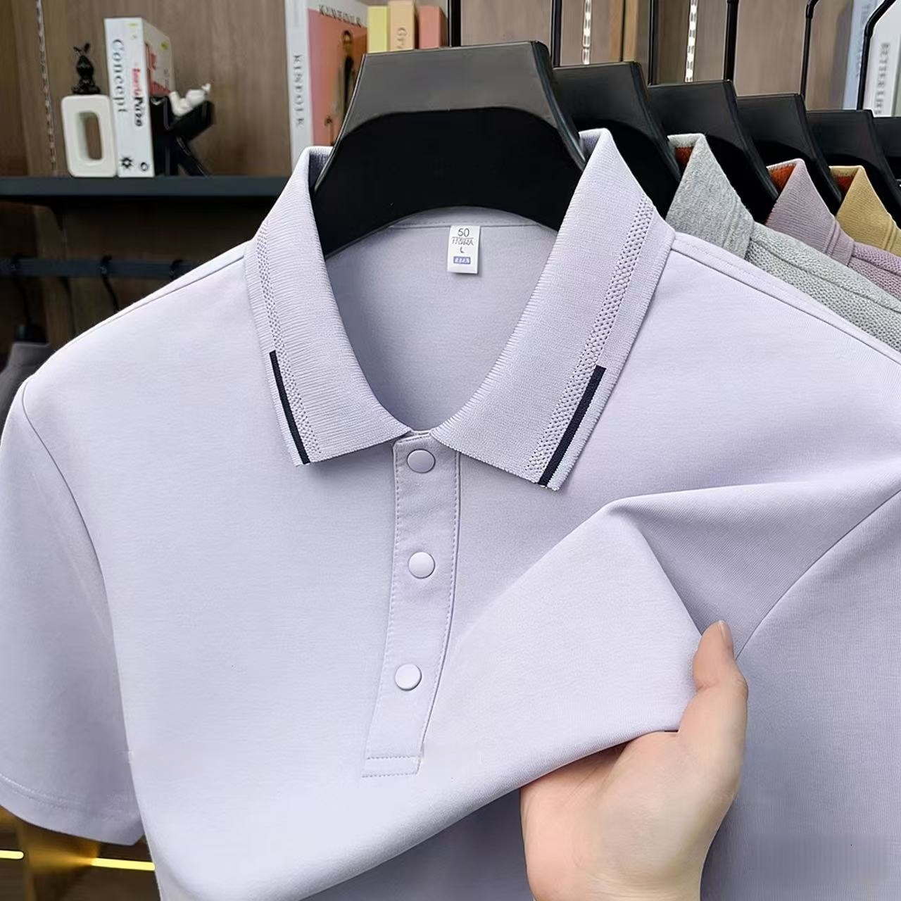 Elegant Contrast Collar Trim Soft Cotton Mini Chest Embroidery Designer Polo Shirt Guys 2026 Summer Loose Thin Fit Breathable Business Casual Short Sl - view 7