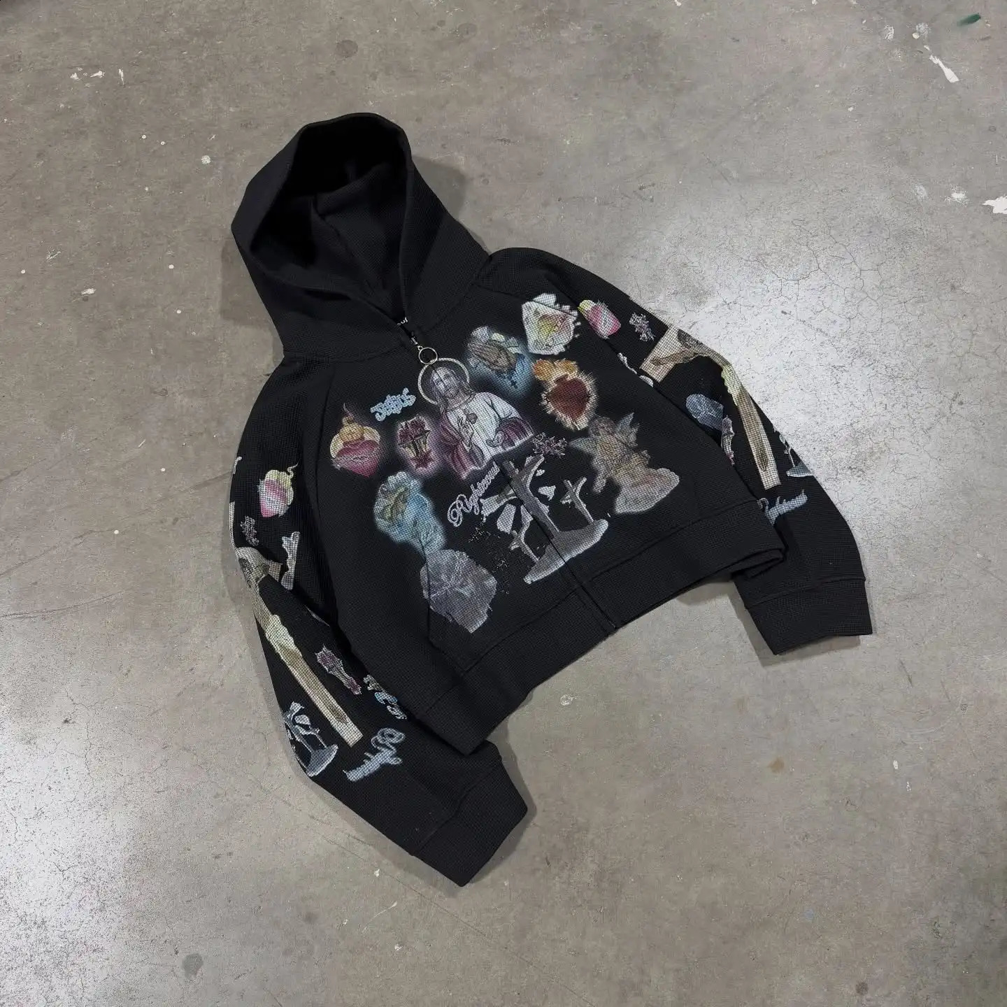 Trendy Y2K Mens Street Black Zip Up Hoodie Unisex with Religious Pattern Multi Element Print for Niche Youth Express Personality 260714 - view 4