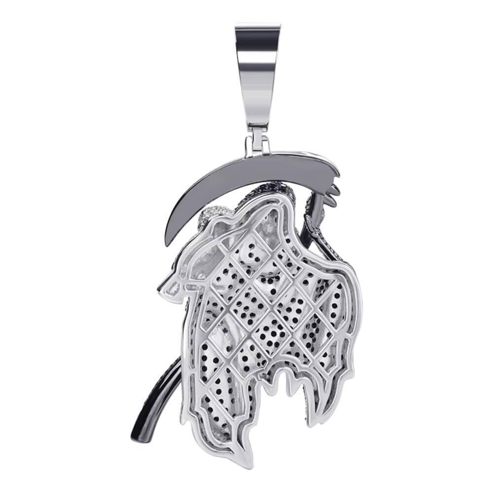 Hiphop 925 Silver Black VVS Moissanite Cz Diamonds Two Tone Plated Santa Muerte Grim Reaper Death Pendant in Mexico - view 4