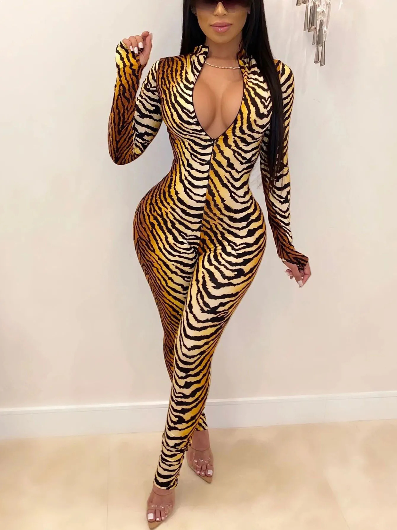 Tiger Pattern Print Jumpsuits Sexy Bodycon Long Sleeve Vneck Skinny Rompers Pants Club Outfit Overalls 260630BANJIA - view 7