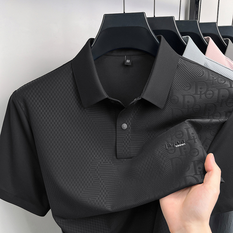 Bonded Mesh Fabric Partial Subtle Monogram Shadow Print Minimal Tiny Text Chest Mark Designer Polo Shirt Men Summer Elegant Business Lapel Short Sleev