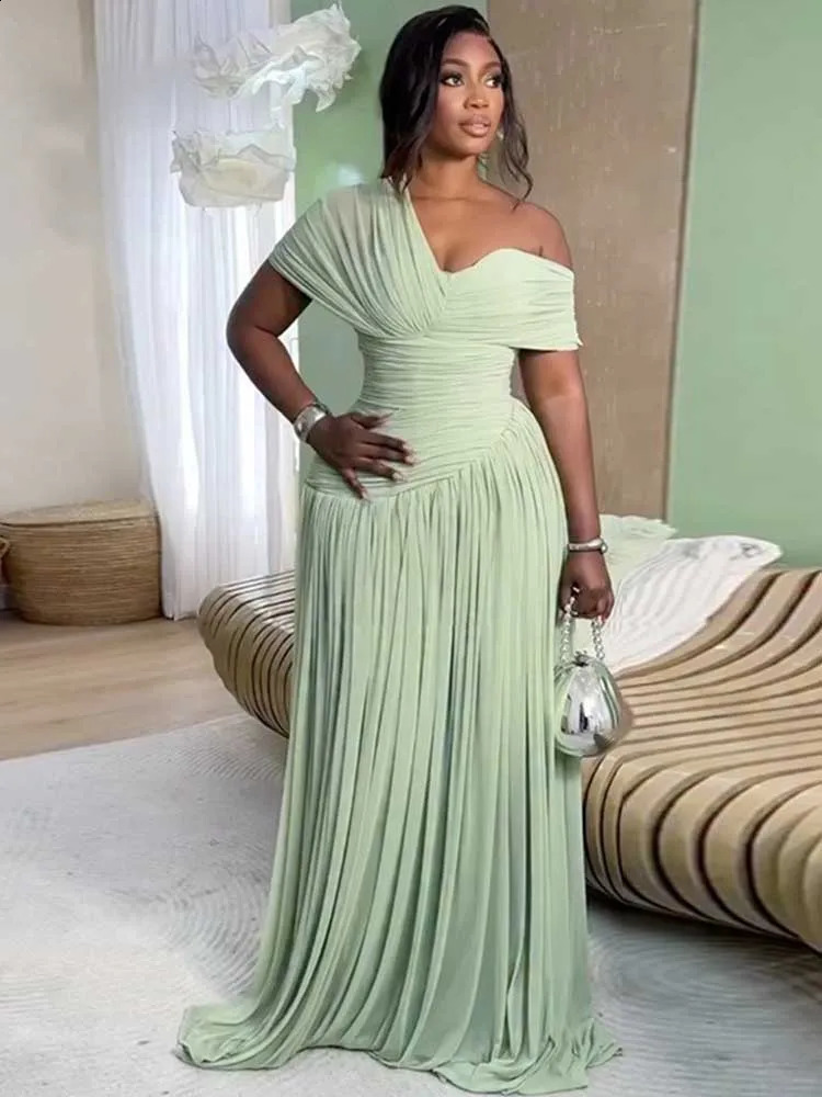 Curvy Women Pleated Dresses Waist Slimming Assymetric V Neck Off Shoulder Dress Sexy Elegant Green Long Maxi Dress for Summer 260701 - view 4