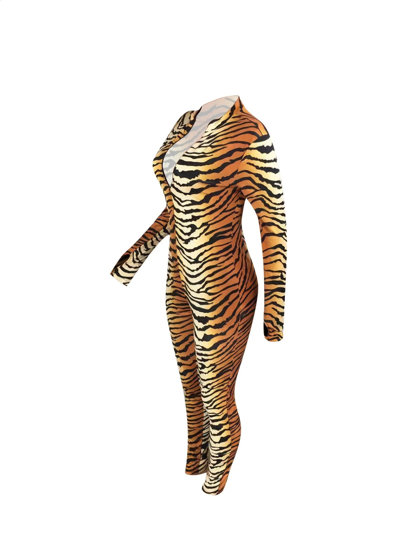 Tiger Pattern Print Jumpsuits Sexy Bodycon Long Sleeve Vneck Skinny Rompers Pants Club Outfit Overalls 260630BANJIA - view 6
