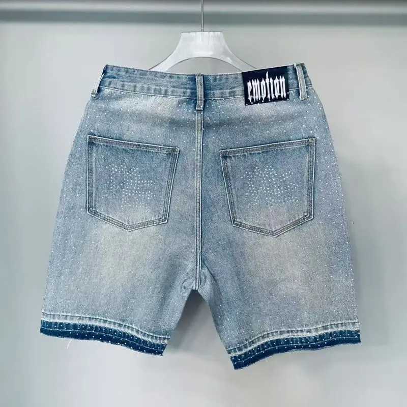 Lettering Studded MIXED Denim EMOTION Shorts Jeans for Mens Womens Hip Hop Vintage Blue Baggy Shorts Over The Knee Pants M260703 - view 6