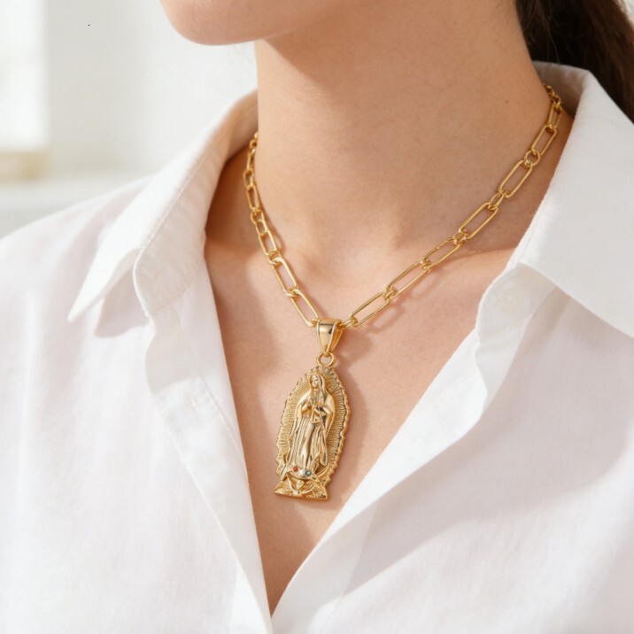 Virgin Mary Guadalupe Enamel Pendant Necklace Gold Plated Figaro Chain Faith Inspired Jewelry For Women Men - view 4
