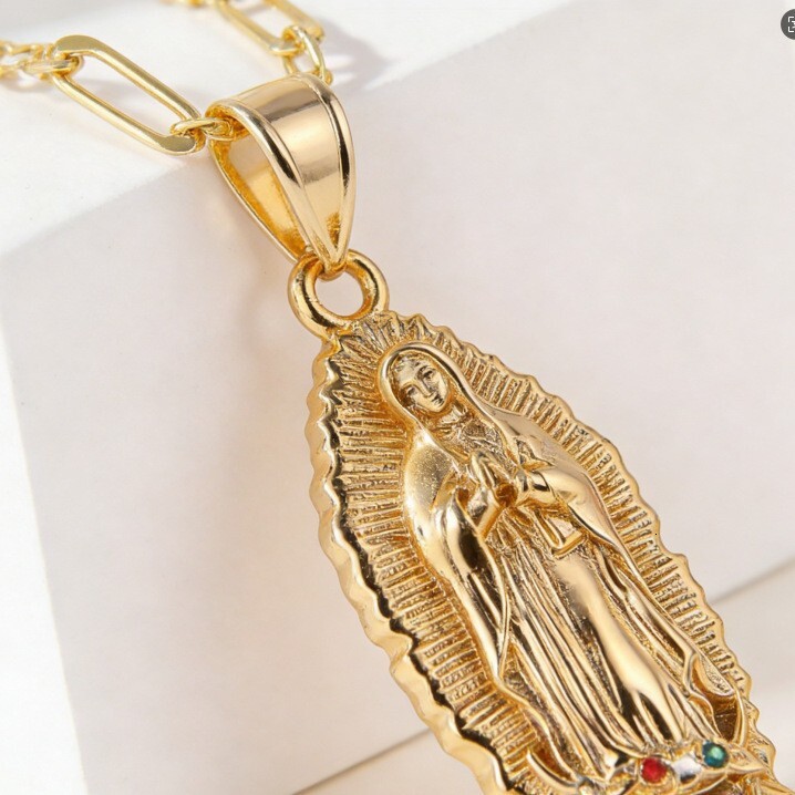 Virgin Mary Guadalupe Enamel Pendant Necklace Gold Plated Figaro Chain Faith Inspired Jewelry For Women Men - view 5