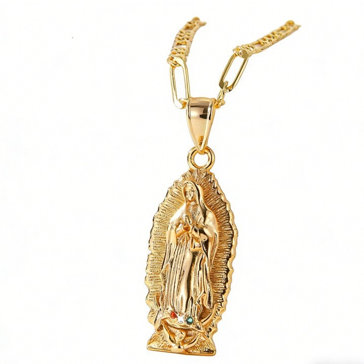 Virgin Mary Guadalupe Enamel Pendant Necklace Gold Plated Figaro Chain Faith Inspired Jewelry For Women Men - view 6