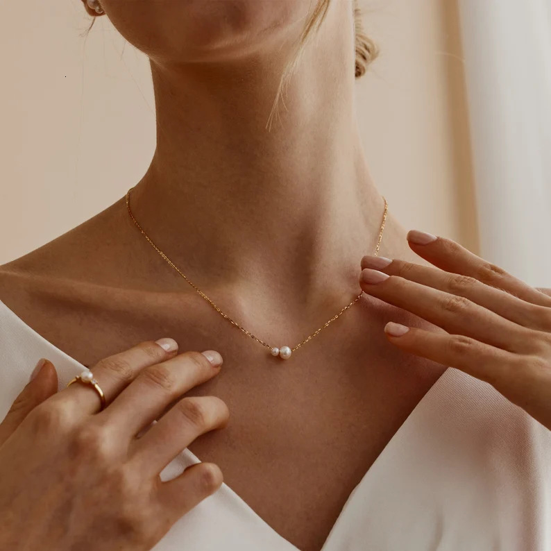 New Fashion Simple 2-Piece Round Pearl Versatile Gold Thin Chain Necklace Jewelry