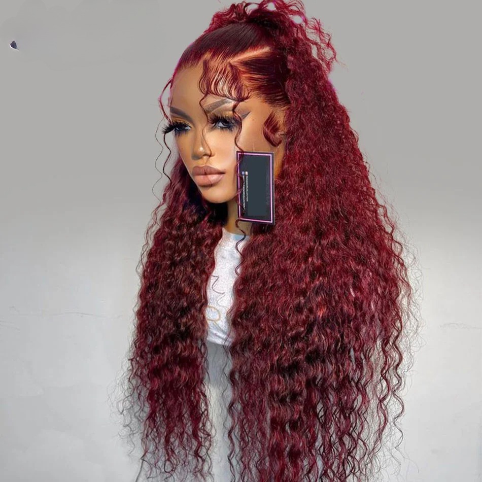 99J Burgundy Red Curly Human Hair Wigs 13x6 Hd Lace Frontal Wig Deep Wave Frontal Wig Pre Plucked Brazilian Hair Glueless Ready To Wear Invisible Hair - view 4