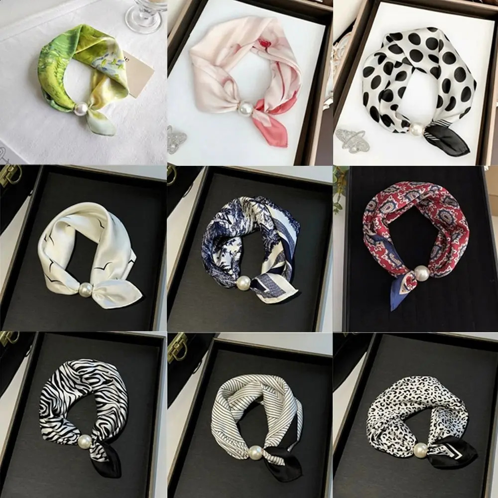 Fashion Pearl Buckle Silk Scarf Printed Thin Neck Scarf Lightweight Soft Neckerchief Women 260702 - view 4