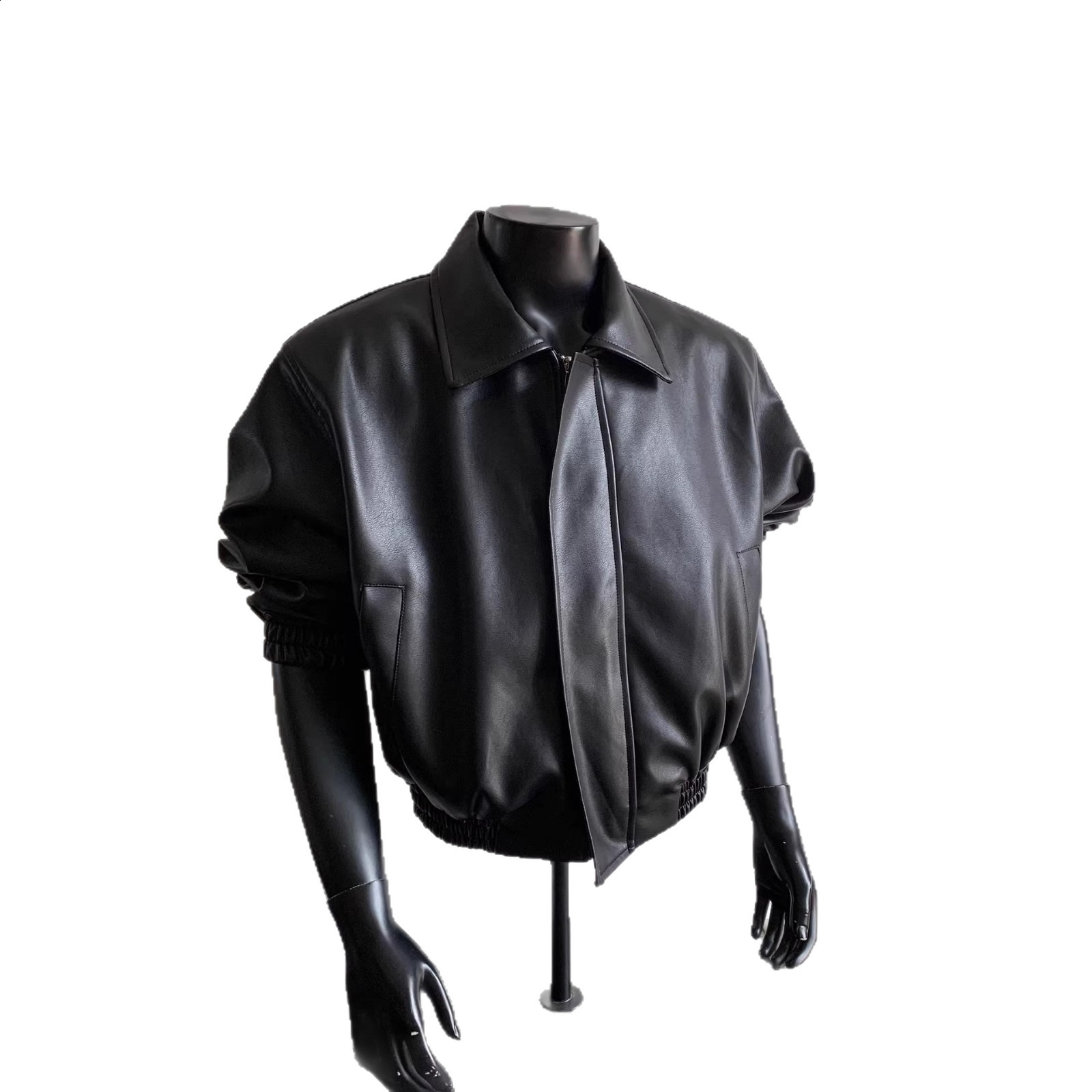 Men Jackets PU Leather Solid Color Lapel Long Sleeve Crop Coats Streetwear Zipper Fashion Casual Outerwear 240826