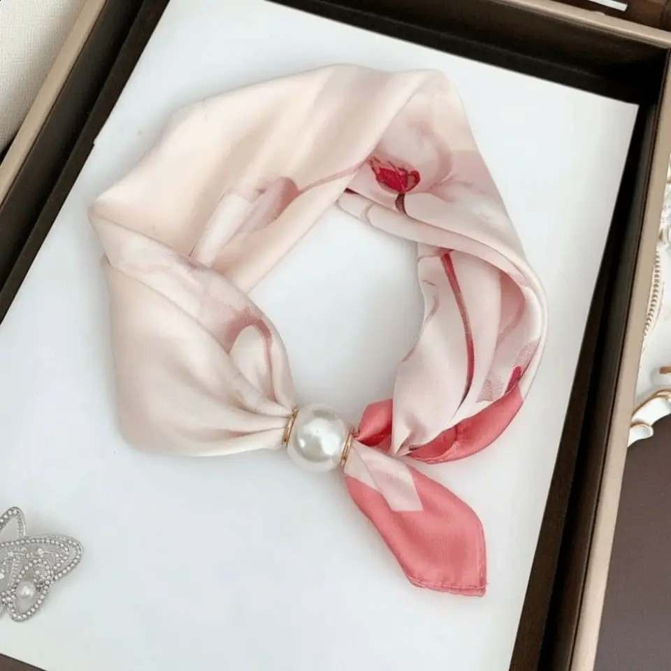 Fashion Pearl Buckle Silk Scarf Printed Thin Neck Scarf Lightweight Soft Neckerchief Women 260702 - view 6