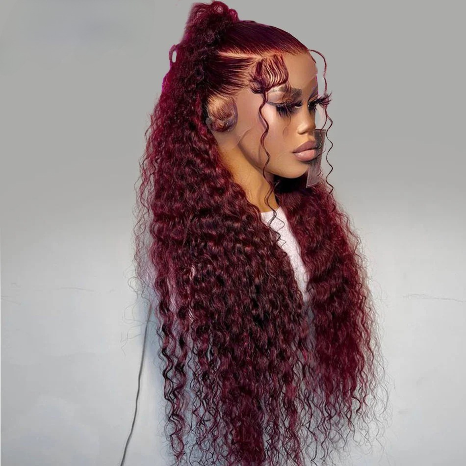 99J Burgundy Red Curly Human Hair Wigs 13x6 Hd Lace Frontal Wig Deep Wave Frontal Wig Pre Plucked Brazilian Hair Glueless Ready To Wear Invisible Hair - view 7