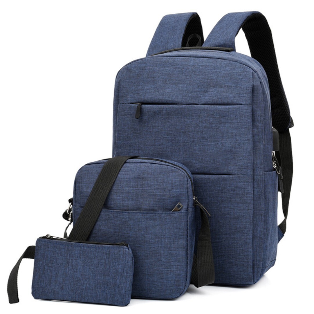 new business style three piece set for junior high school boys cross border backpack large capacity USB charging backpack laptop bag sports outdoor ba