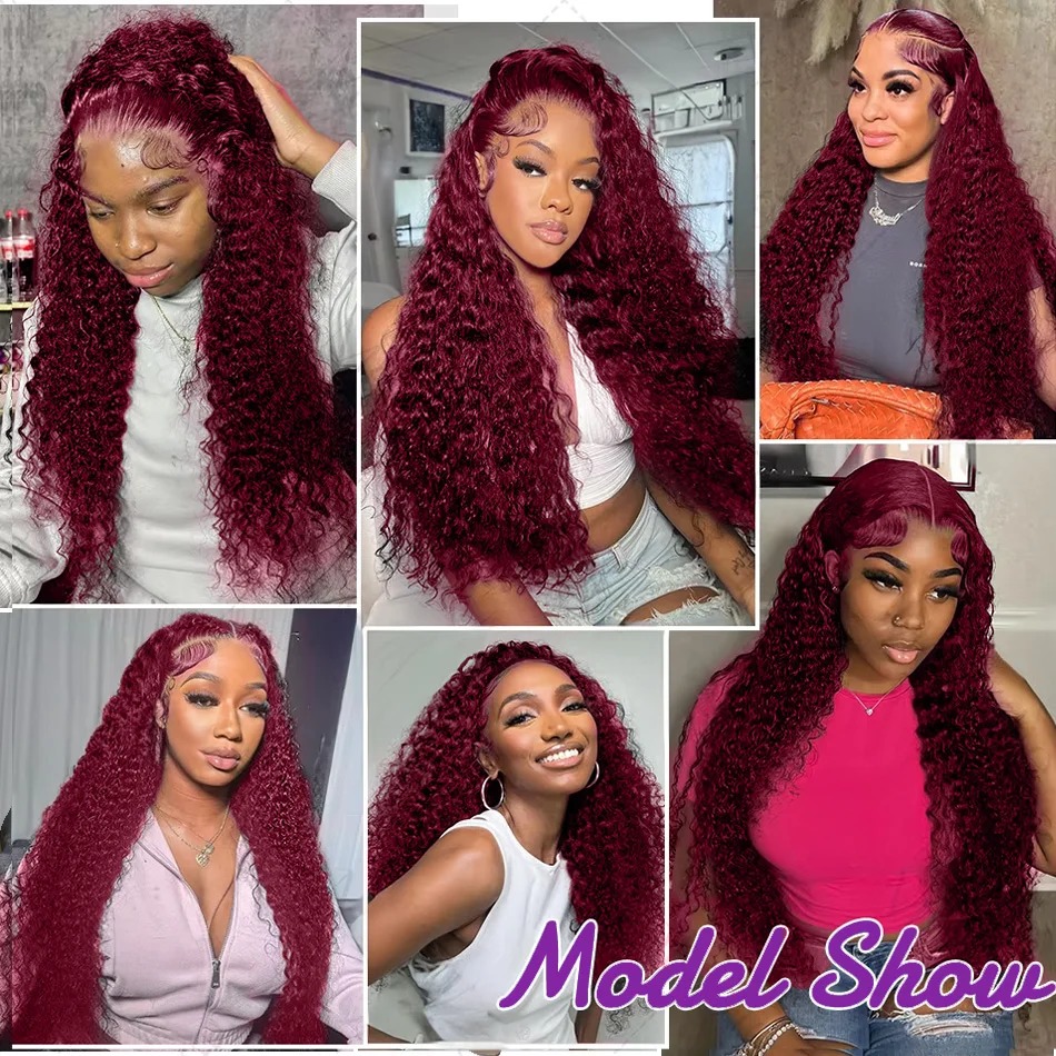99J Burgundy Red Curly Human Hair Wigs 13x6 Hd Lace Frontal Wig Deep Wave Frontal Wig Pre Plucked Brazilian Hair Glueless Ready To Wear Invisible Hair - view 8