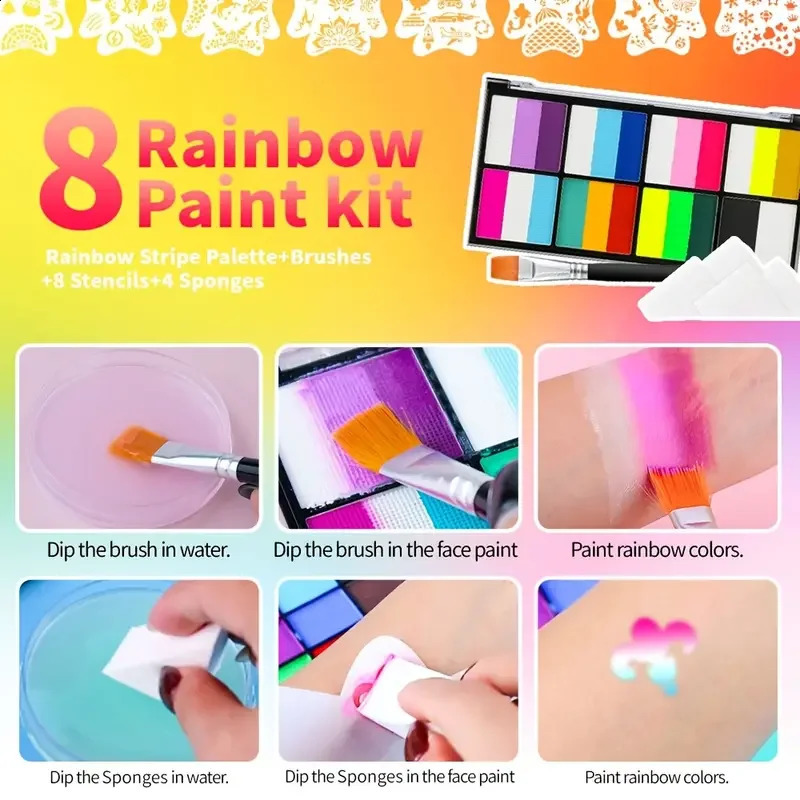 Palette Rainbow Stripe Paint Set with Brushes Water Based Dual-Tone Face and Body Paint Palette Christmas Halloween Cosplay a260702 - view 4