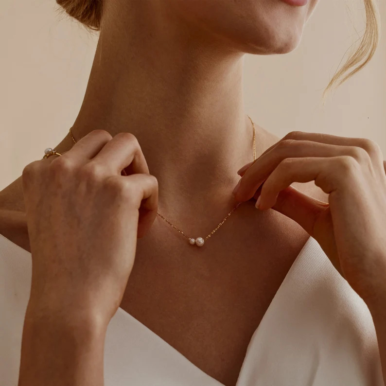 New Fashion Simple 2-Piece Round Pearl Versatile Gold Thin Chain Necklace Jewelry - view 5