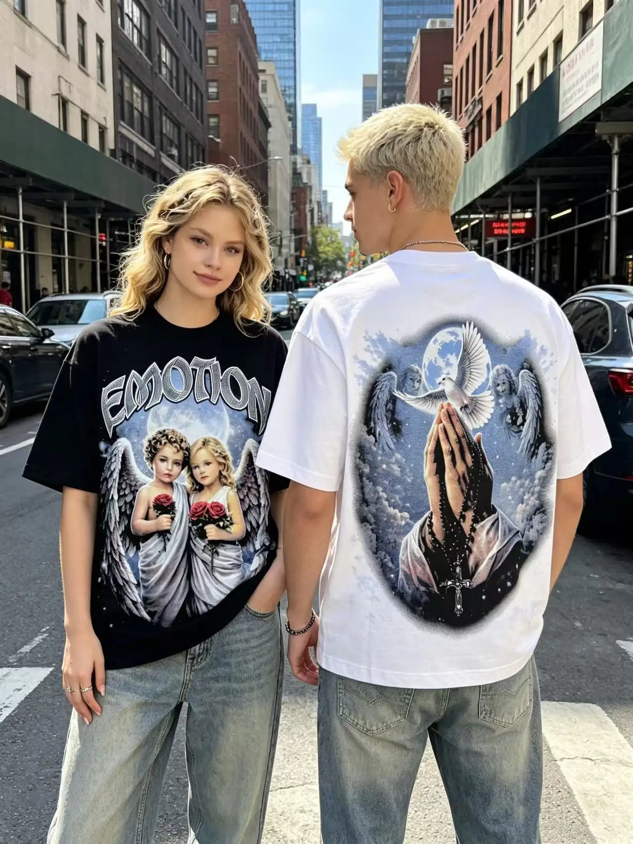MIXED-EMOTION Angel print Rhinestone printed pattern T shirts Men Women T-shirt Loose cotton casual Shinning Diamond Tees Oversized Tops 260707BJ - view 3