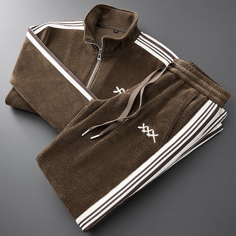 Autumn Winter Warm Suit Men's Zipper Stand Collar Cardigan Jacket Slim Straight Leg Sports Pants Two-Piece Set Long Sleeved Running Suit And Spor