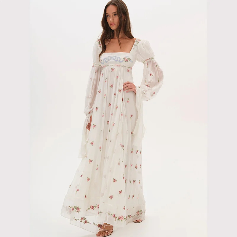 Cottagecore Floral Maxi Dress Square Neck Long Puff Sleeve Empire Waist Chiffon Flowy Vintage Boho Wedding Guest 260707
