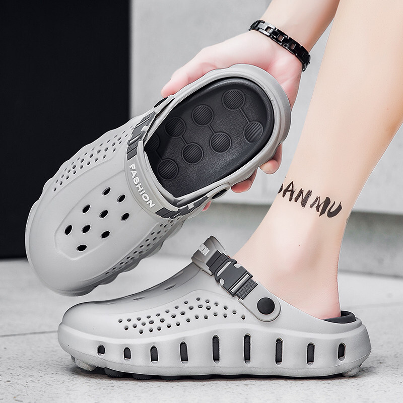 Light Khaki Hollow Closed Toe Clogs Men Soft EVA Non Slip Breathable Quick Dry Shower Beach Outdoor Casual Slippers - view 4