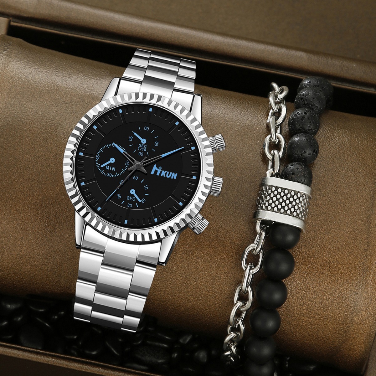 Men Wrist Watch Trendy Sports Men's quartz Quartz Business Alloy Leather Strap Watch, Simple Design, Holiday Three-Eye Beaded Bracelet Set Small 