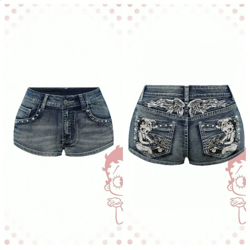 Womens Blue Denim Shorts Y2k Jeans Harajuku American Vintage High Waist Jorts Casual 2000s Embroidery Sexy Clothes Summer 260707