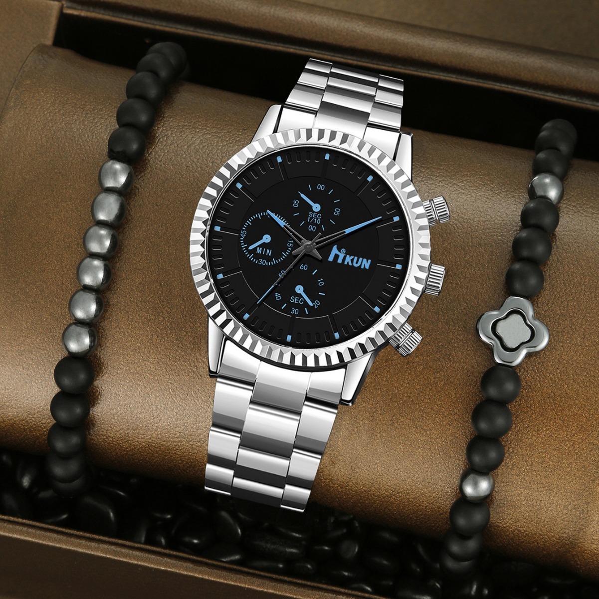 Men Wrist Watch Trendy Sports Men's quartz Quartz Business Alloy Leather Strap Watch, Simple Design, Holiday Three-Eye Beaded Bracelet Set Small 