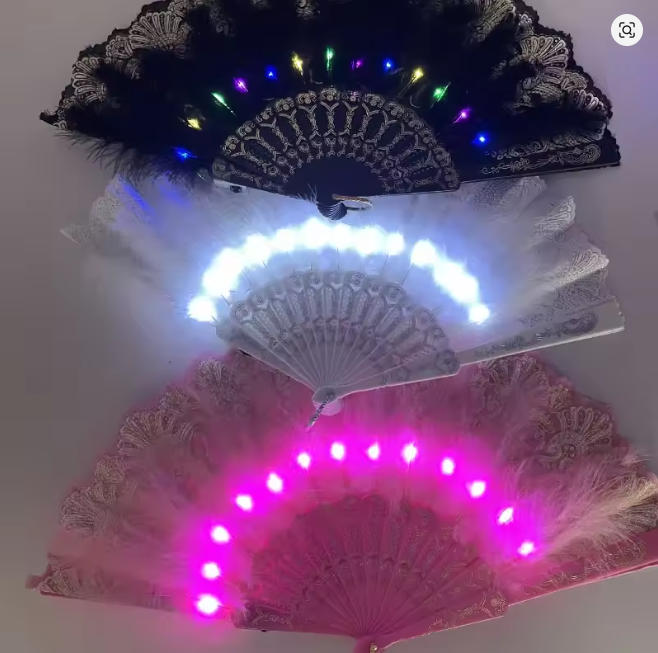 Floral Glow Light Up LED Hand Fans Feather Luminous Props for Wedding Dance Church Party Gift Show Bar Home