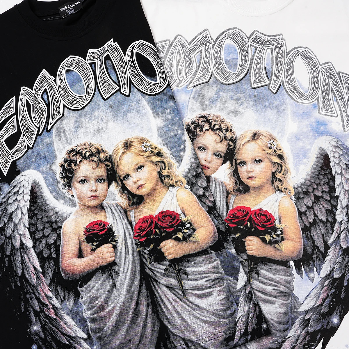 MIXED-EMOTION Angel print Rhinestone printed pattern T shirts Men Women T-shirt Loose cotton casual Shinning Diamond Tees Oversized Tops 260707BJ - view 7