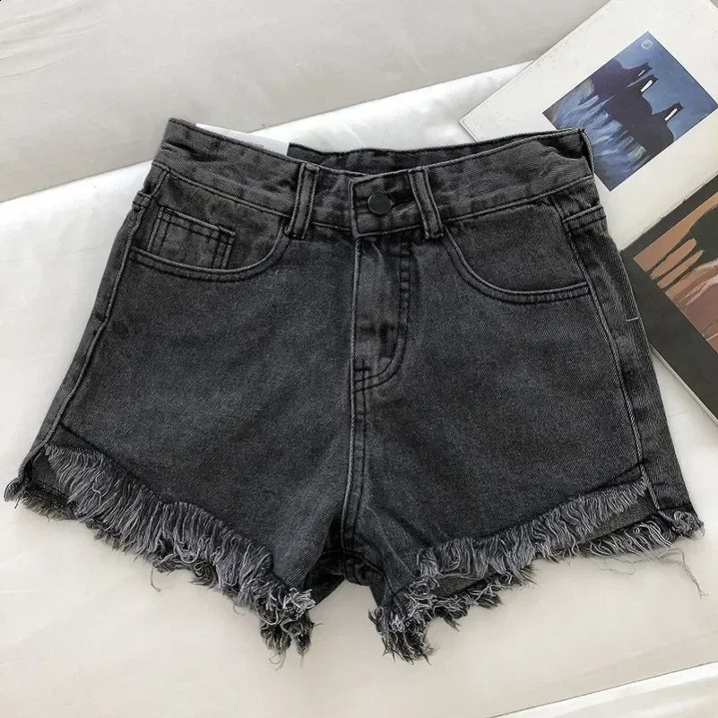 2025 Summer Women High Wiast Raw Hem Denim Shorts Soild White Black Blue Korean Wide Leg Pants Mon Jean 260707