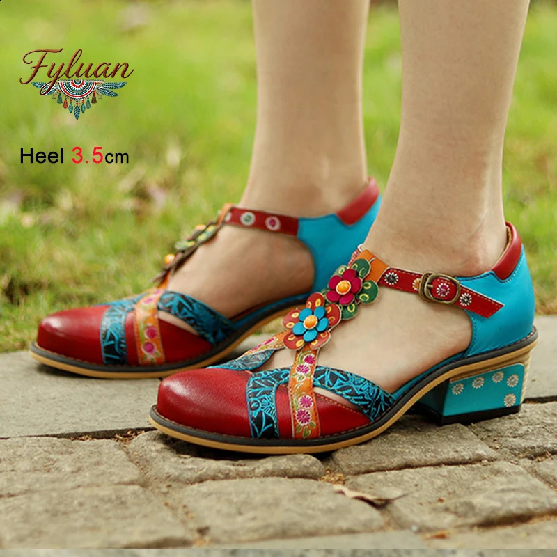 Summer Retro Womens Sandals y Low Heels 35cm Ankle Buckle Straps Ladies Pumps Threedimensional Flower Bohemian Shoes 260707